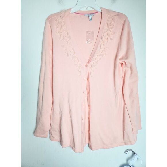 NWOT Isaac Mizrahi Live Pink Cotton Blend Tulle Flower Detail Cardigan Large - Picture 1 of 9